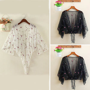 Women Mesh Sheer Cover Ups Shirts Tops Floral Embroidery Long Sleeve See-through Cardigan Blouse Beach Boho Shawl Bathing Suit
