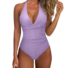 Load image into Gallery viewer, Women One Piece Set Swimsuit Print  Backless Puch Up Solid Sexy Women&#39;s Swimwear Bandage Ruched Female Bathing Suit Beachwear
