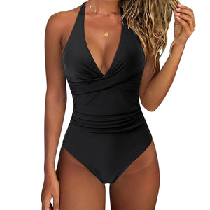 Women One Piece Set Swimsuit Print  Backless Puch Up Solid Sexy Women's Swimwear Bandage Ruched Female Bathing Suit Beachwear