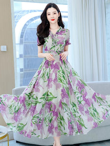 Women Party Clothes Floral Chiffon Summer 2023 New Long Dress Beach Korean Fashion Elegant Boho Tunics Prom V-Neck Midi Dresses