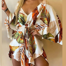 Load image into Gallery viewer, Women Print Dress Sexy V-Neck Bat Sleeve Ruffl Flowers Print Bohemian Beach Sundress Ladies Loose Summer Vacation Mini Dresses