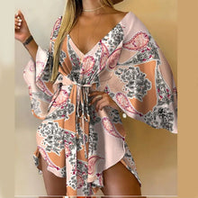 Load image into Gallery viewer, Women Print Dress Sexy V-Neck Bat Sleeve Ruffl Flowers Print Bohemian Beach Sundress Ladies Loose Summer Vacation Mini Dresses