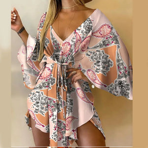 Women Print Dress Sexy V-Neck Bat Sleeve Ruffl Flowers Print Bohemian Beach Sundress Ladies Loose Summer Vacation Mini Dresses