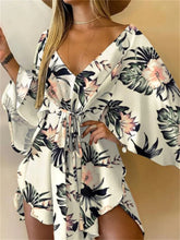 Load image into Gallery viewer, Women Print Dress Sexy V-Neck Bat Sleeve Ruffl Flowers Print Bohemian Beach Sundress Ladies Loose Summer Vacation Mini Dresses