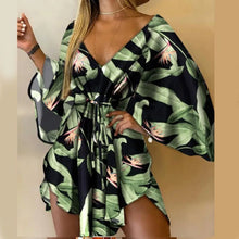 Load image into Gallery viewer, Women Print Dress Sexy V-Neck Bat Sleeve Ruffl Flowers Print Bohemian Beach Sundress Ladies Loose Summer Vacation Mini Dresses