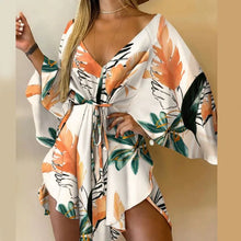 Load image into Gallery viewer, Women Print Dress Sexy V-Neck Bat Sleeve Ruffl Flowers Print Bohemian Beach Sundress Ladies Loose Summer Vacation Mini Dresses