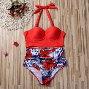 Women Push Up Bikini Set Summer Sexy Slim Flower Print Female High Waist Swimming Suits