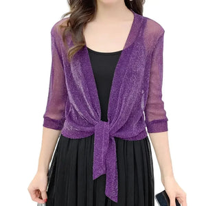 Women's Sheer Glitter Lace-up Cardigan Half Sleeve Summer Lightweight Jacket See-through Loose Blouse Women