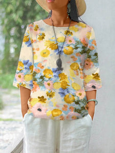 Women Cotton Linen Blouses 2024 Summer Bohemian Floral Printed Blusas Fashion 3/4 Sleeve O-Neck Top Casual Loose Shirts