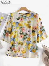 Load image into Gallery viewer, Women Cotton Linen Blouses 2024 Summer Bohemian Floral Printed Blusas Fashion 3/4 Sleeve O-Neck Top Casual Loose Shirts