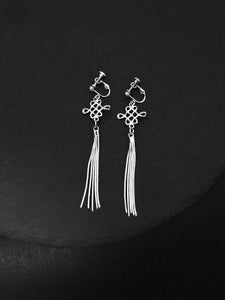 S925 Silver Art Retro Knot Tassel Earrings Elegant Bride Ethnic Style Ear Clip