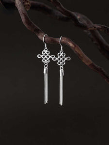 S925 Silver Art Retro Knot Tassel Earrings Elegant Bride Ethnic Style Ear Clip