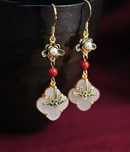 White Jade Clover S925 Silver Earrings with Oriental Classical Paintings, Southern Red Enamel Painted Earrings