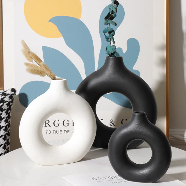 Nordic Hollow Donut Ceramic Vase - Minimalist Modern Art