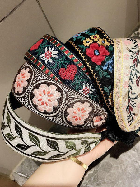 Ethnic Style Retro Embroidery Flowers Small Fresh and Wide-sided Headband