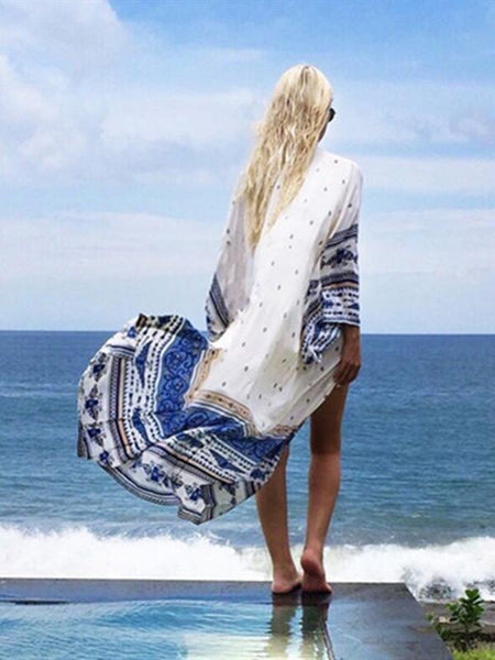 Shemed White Treasure Print Edgy Beach Dress Loose  Holiday Cardigan Tanning Hoodie Blouse