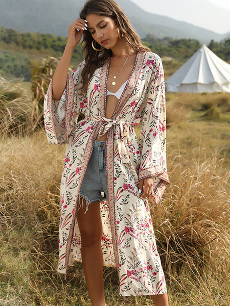 Bohemian Beach Vacation Print Sunscreen Cardigan with Shawl