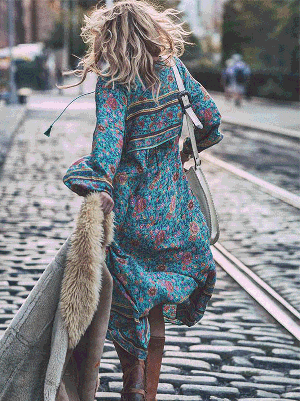 Romantic Blue Floral 3/4 Sleeve Bohemia Dress Maxi Dress  dudesky