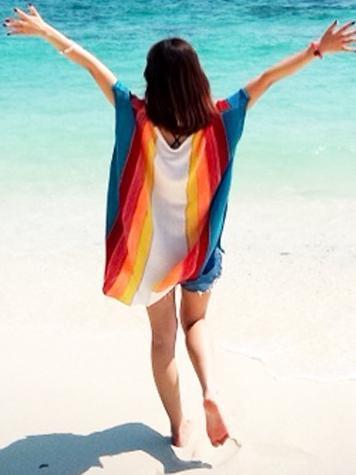 Rainbow Strips Loose Knitting Hollow Beach Blouses Bikinis