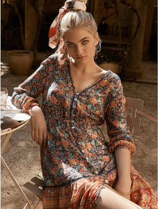 Boho Gypsy Floral Print Long Sleeve High Waist Maxi Dress