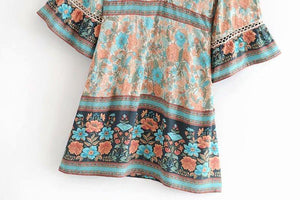 Boho Floral Print V-Neck Summer Flare Sleeve Hippie Beach Mini Dress