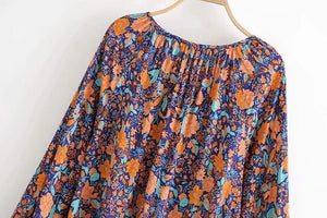Spring New Bohemian Vintage Lace Print Cutout Long Sleeve Shirt Top