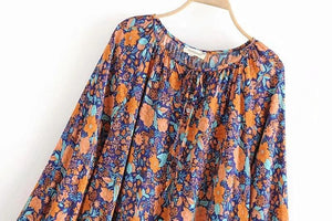 Spring New Bohemian Vintage Lace Print Cutout Long Sleeve Shirt Top