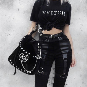 Casual Gothic Pants Women Halloween Sexy Leather Blet Patchwork Mid Cargo Pants Black Full Length Trousers