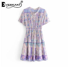Load image into Gallery viewer, Bohemian print high waist lace up dress