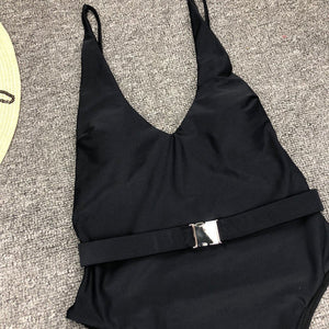 Solid Color Sexy Belt One-Piece Swimsuit