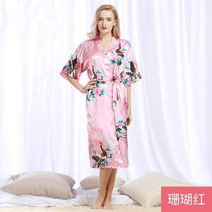 Peacock Nightgown Bathrobe Sexy Cardigan Silk Pajamas Women's Summer Home Wear 3