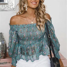 Load image into Gallery viewer, Off-The-Shoulder Print Elastic Long-Sleeved Top