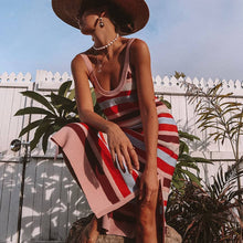 Load image into Gallery viewer, Summer Knit Maxi Dress Women&#39;s Sleeveless Cutout Open Back Slit Striped Commuter Dress