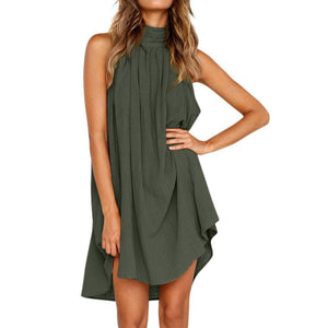 Summer women's popular round neck pleated cotton linen vest dress