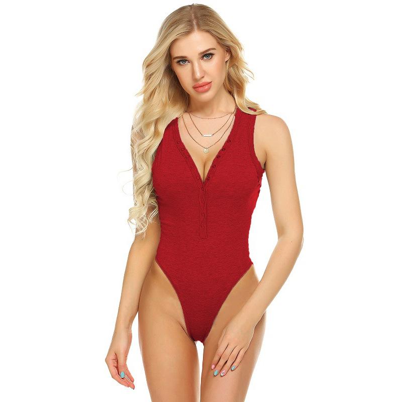 Solid Color Spring Jumpsuit Women's One Piece Swimwear Solid-color V-neck Vest Jumpsuit Women
