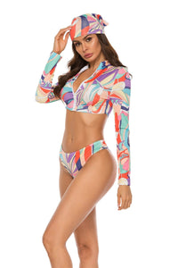 Conservative Printed Bikini Women's Split Long Sleeve Swimsuit 3-piece Tankini Set 78