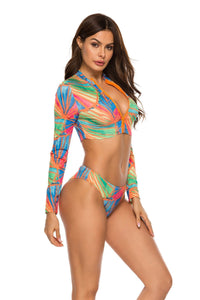Conservative Printed Bikini Women's Split Long Sleeve Swimsuit 3-piece Tankini Set 56
