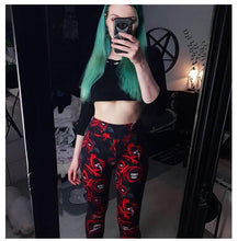 Load image into Gallery viewer, Women's Dark Gothic Rose Print Knee Cutout Leggings Pants