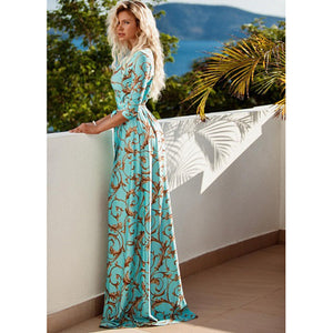 Women's print slim dress mid-sleeved V-neck maxi skirt