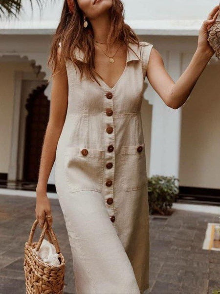 Cotton and linen dress slimming V sleeveless dress