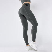 Load image into Gallery viewer, Spliced pocket size double-sided nylon high elastic sports high waist hip tight yoga pants women.