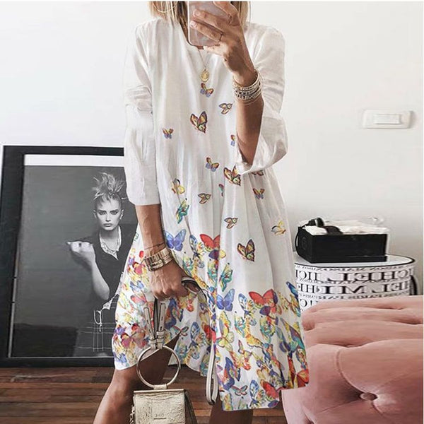 Vintage Print O Neck Digital Print Multicolor Dress