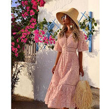 Load image into Gallery viewer, Summer New Women&#39;s V-neck Short Sleeve Hollow Single-breasted Lace Dress New