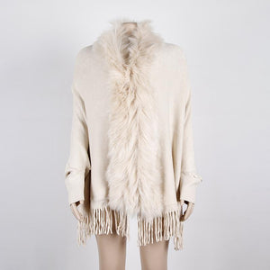 Tassel cloak shawl wool collar cloak solid color cardigan sweater