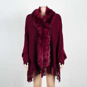 Tassel cloak shawl wool collar cloak solid color cardigan sweater