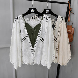 Spring/Summer Cotton Embroidered Lace Cardigan Short Bat Sleeves Loose Shawl 7/4 Sleeve Air Conditioning Sun Protection Cover Up