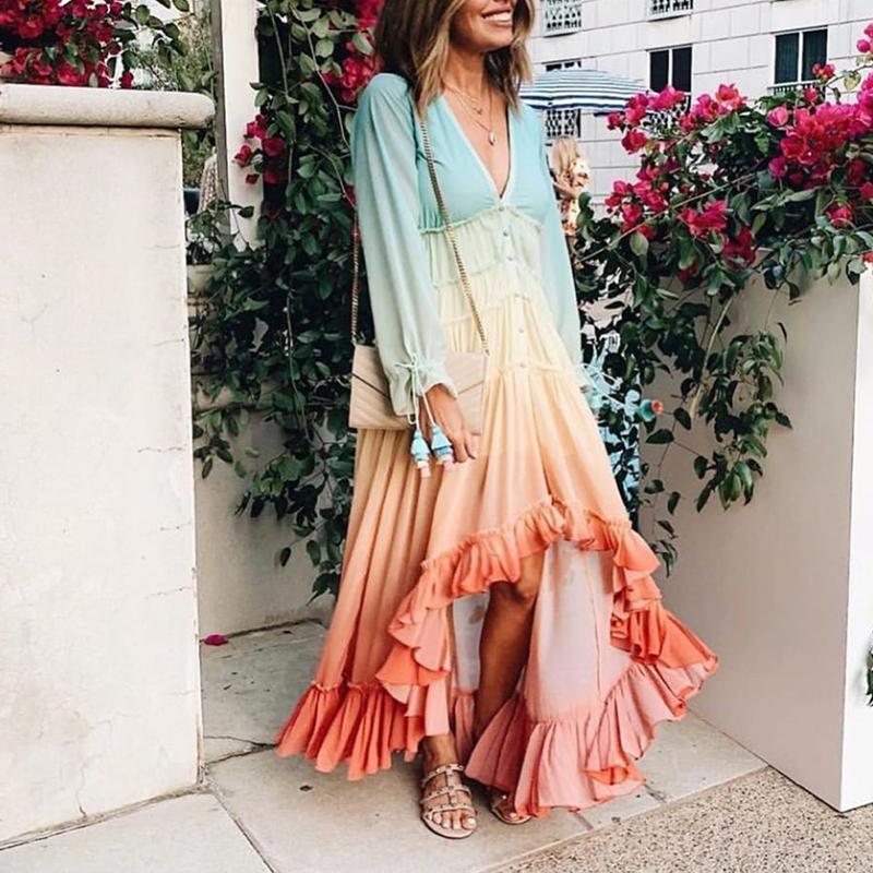 Deep V long sleeve gradient dress long dress