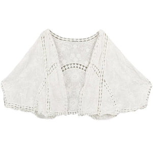 Spring/Summer Cotton Embroidered Lace Cardigan Short Bat Sleeves Loose Shawl 7/4 Sleeve Air Conditioning Sun Protection Cover Up