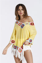Load image into Gallery viewer, Bohemian Hook crochet large size bamboo cotton long coat Yellow and White color