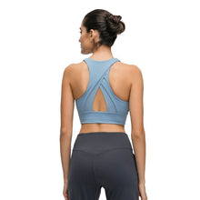 Load image into Gallery viewer, High collar sports bra triangle hollow back gathered shockproof yoga exercise underwear women